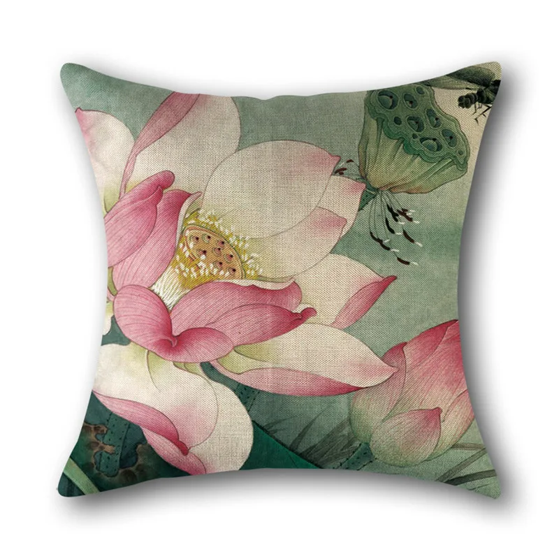Antique Chinese style hand-painted pen lotus linen 45*45cm pillowcase sofa decoration seat cover pillow car bed cushion cover