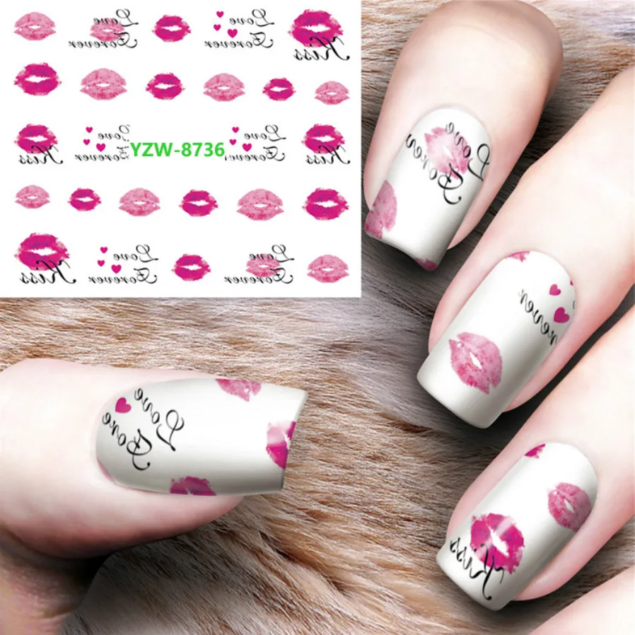 

1pcs New Nail Stickers Feather Graffiti Lip Print Flowers Feather Water Decals Nail Art Decorations Wraps Sliders Manicure Y8736