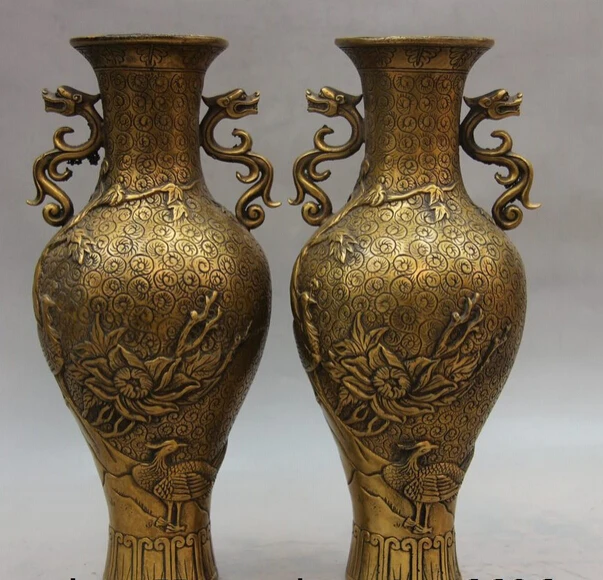 

Collectible bronze lion statue S1073 China Royal Palace Bronze Copper Peony Dragon Phoenix Bird Pot Bottle Vase Pair (B0413)