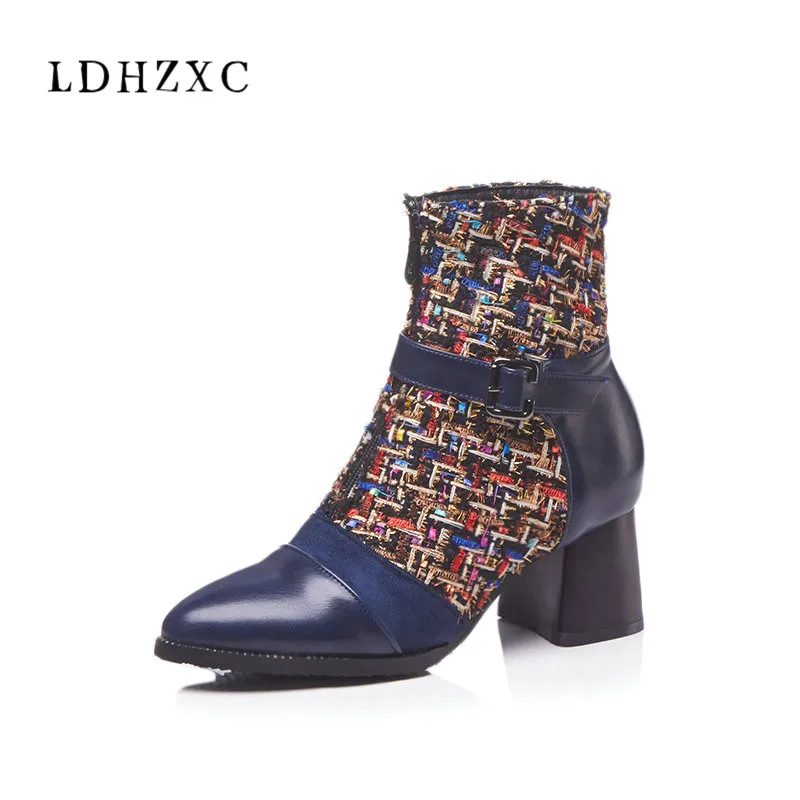 

LDHZXC Women Ankle Boots Fashion Zipper Design Pointed Toe Square High Heel Pu Leather Style Ladies Boots Size 34-46