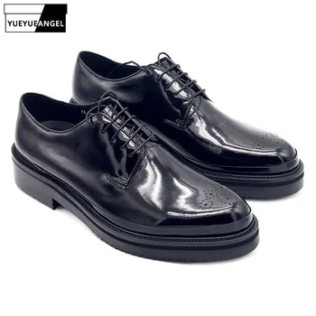 

Top Brand Mens Genuine Leather Shoes Block Med Heels Platform Derby Shoes Brogue Wing Tip Lace Up Pointed Toe Height Increasing