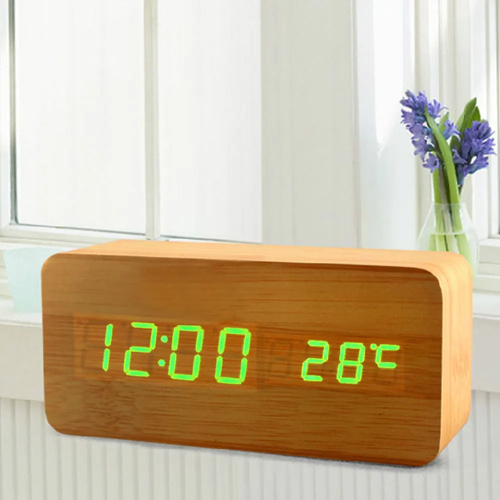 Wooden LED Alarm Clocks Morden Temperature Electronic Clock Sounds Control Digital Table Clock with Calendar for Bedroom Office