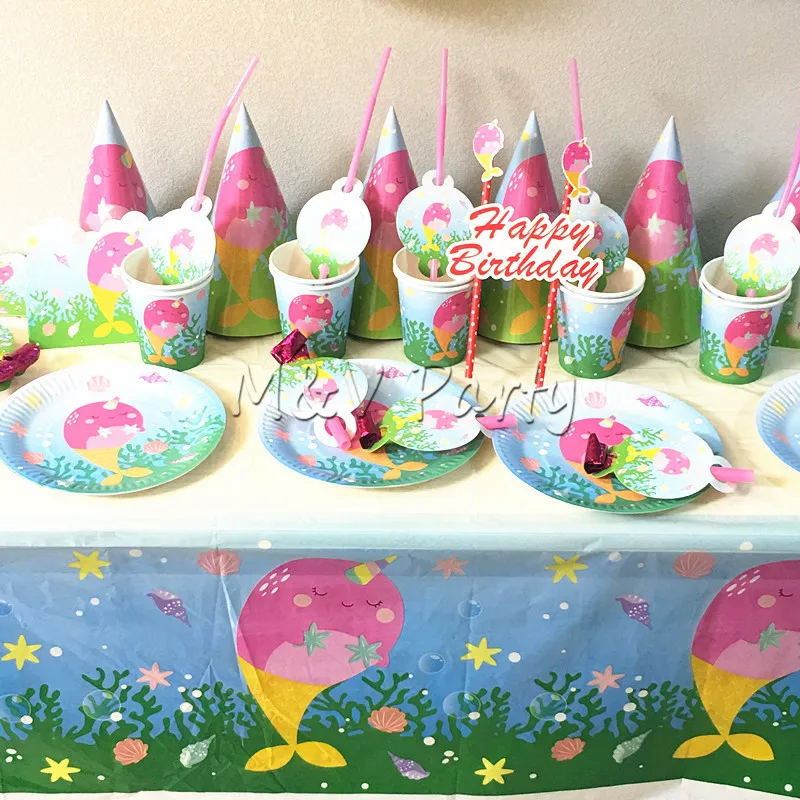 

Cartoon Shark Theme Party Baby Pink Whale Girl Disposable Tableware Paper Cup Plates Hat Pink Shark Baby Shower Party Supplies