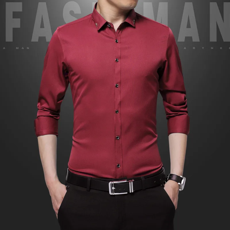 

Men Shirt Slim Fit White Long Sleeve Shirts Mens Solid Social Formal Office Camisa 2019 Fashion Casual Botton Up Red Clothing XL