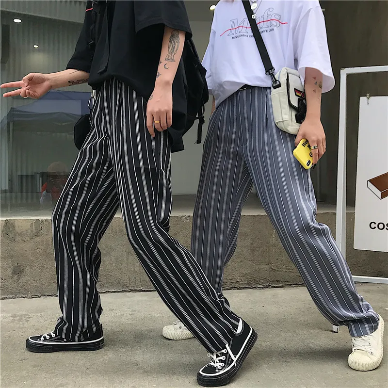 Harajuku Винтаж брюки для девочек для женщин уличная Полосатый свободные широкие брюки длинные штаны повседневные Прямые брюки женская мода