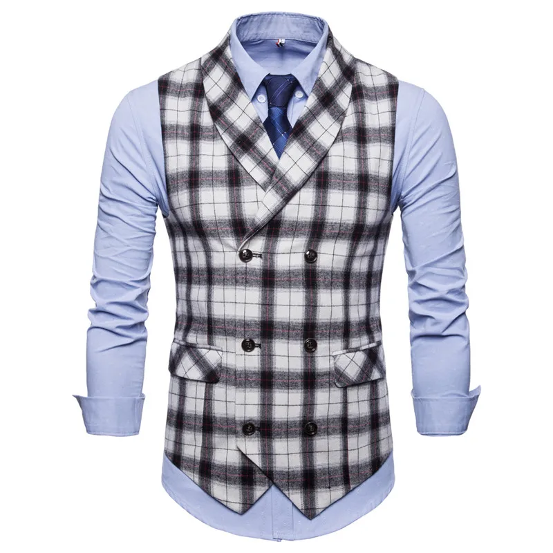 Riinr 2018 New Brand Men Double Breasted Wedding Suit Waistcoat Vests Men Sleeveless Business Overcoats Gary Plaid casual vest