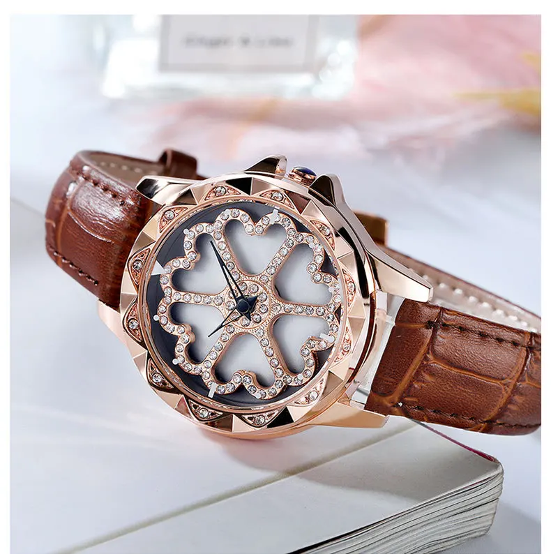 Вращающийся студент часы кварцевые часы для женщин Дамы розовое золото полный часы с алмазами кожаный браслет Водонепроницаемый