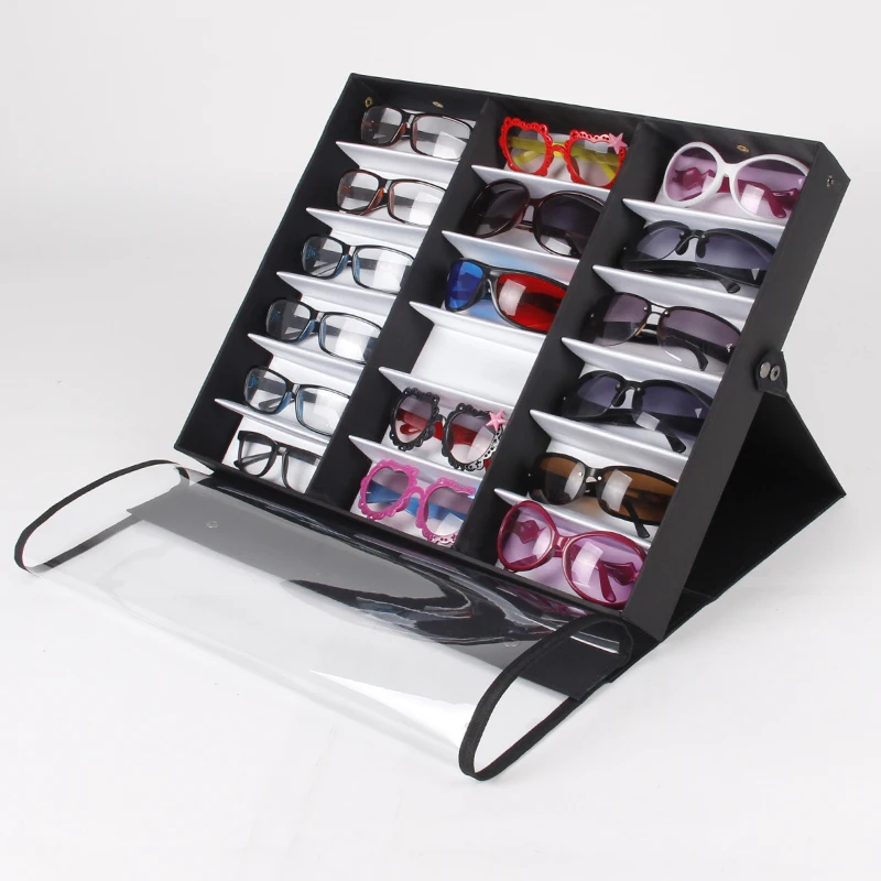 Expedited Shipping 4Pcs Double Cover With 18 Gird Glasses Sunglass Display Case Box Tray Stand