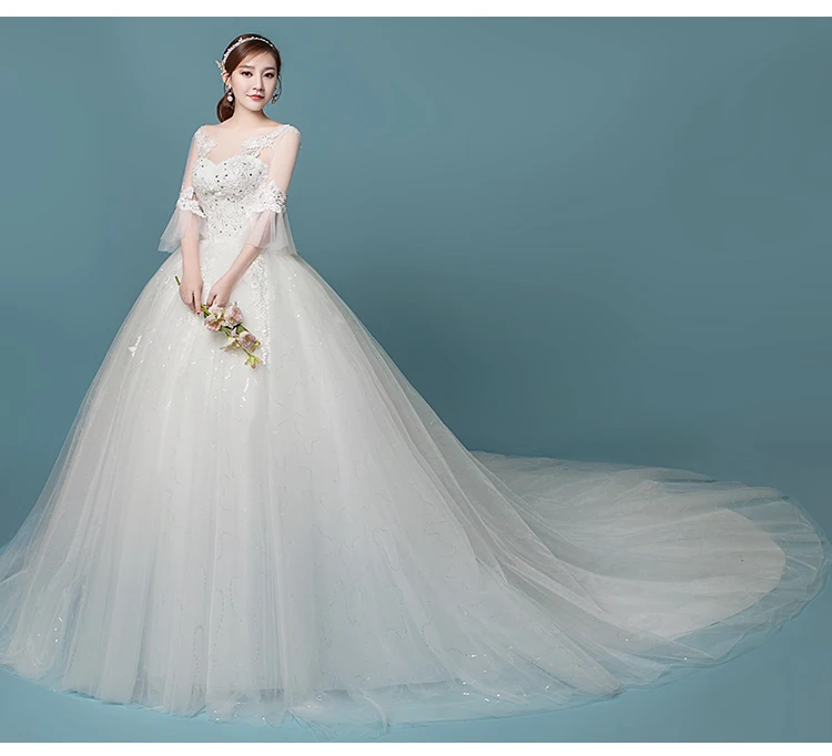 Новое поступление, модное свадебное платье со шлейфом,, Vestido De Noiva, аппликация, кружево, три четверти, рукав-клеш, милая, 72