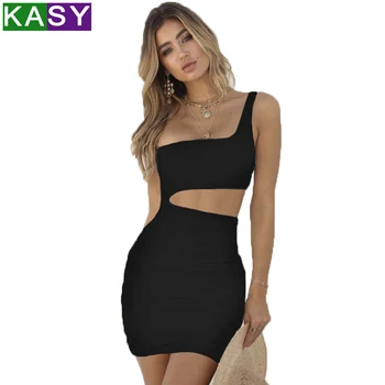 

Sexy one shoulder solid bodycon dresses women wrap ruched lace up mini pleated dress hollow out club party dress vestidos