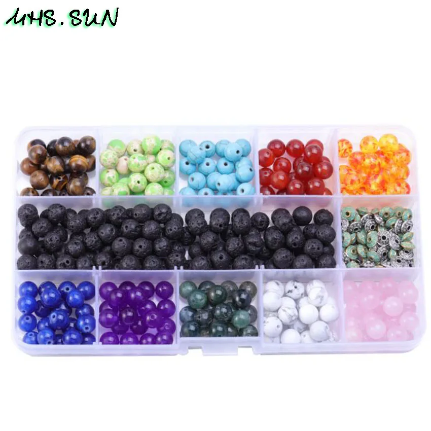 

MHS.SUN Mixed 8MM Natural Stone Beads Volcanic Stone Beads Elastic String Kits Box For DIY Bracelets Necklace Making Jewelry