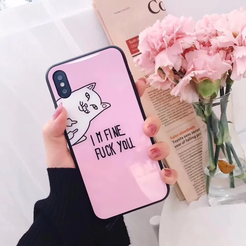 Koop Maosenguoji Gehard glas shell middelvinger cat I m fijne Mobiele Telefoon Geval voor iphone6 6 s 6 plus 7 plus 8 plus X fashion case