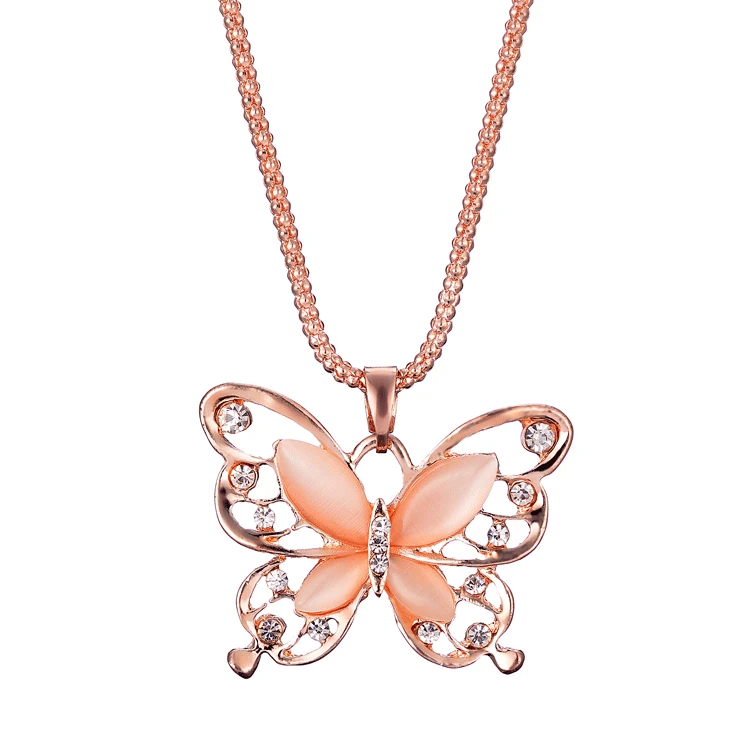 

2019 Top Fashion Women Lady Rose Gold Opal Butterfly Pendant Necklace Sweater Chain charms jewelry making Gift Dropshipping