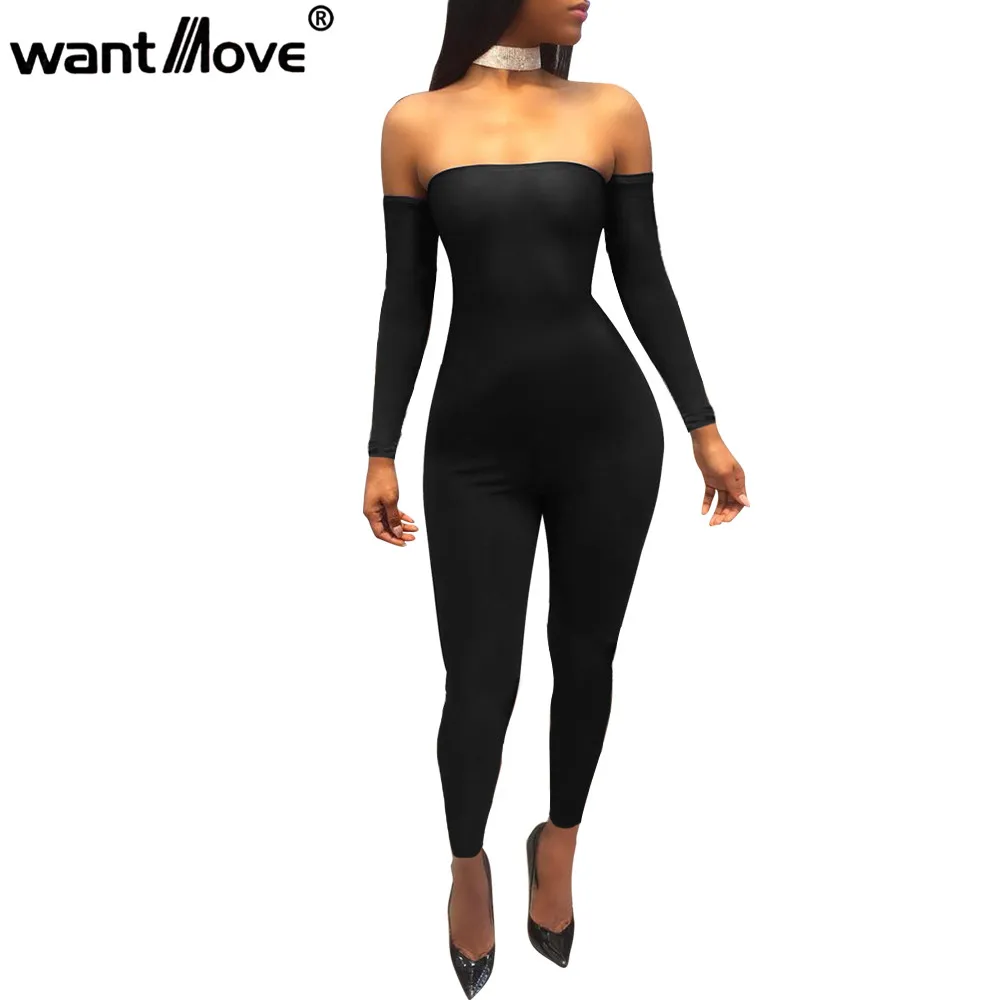 Wantmove 2018 women jumpsuit off the should full sleeve back lace up womens jumpsuits and rompers sexy club bodysuit JZ072