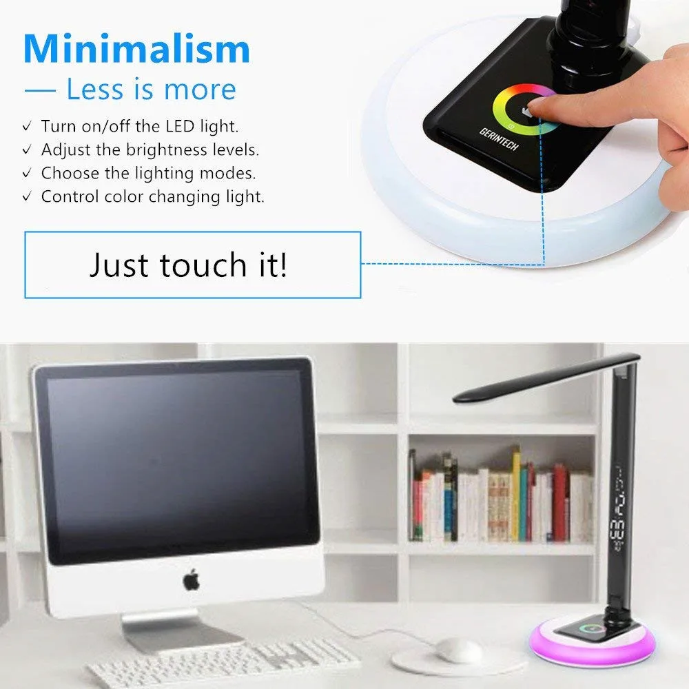 10W LED Desk Lamp Dimmable Office Study Table Ligh with ClockUSB ChargingColor Changing BaseTouch C - 32921688334