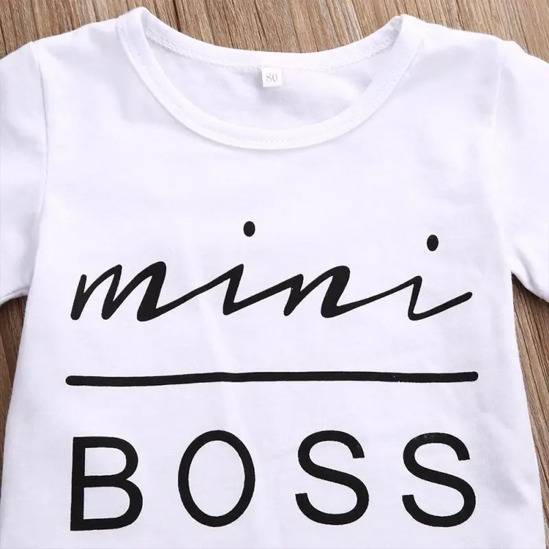 Mini Boss/Одежда для маленьких девочек Летняя футболка с короткими рукавами Топы+ кожаная юбка одежда для девочек, костюм комплект одежды для маленьких девочек