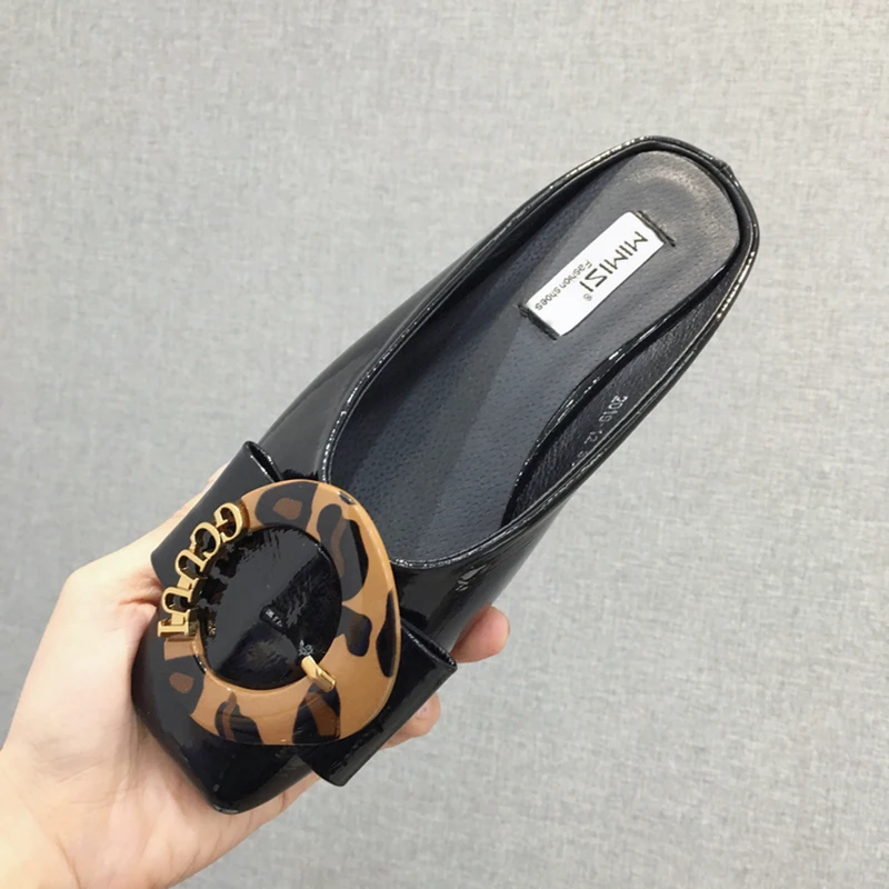 

2019 Fashion Women Square Toe Mules Soft Bottom Slippers Flat Outsole Footwear Summer Leopard Buckle Female Casual Mules Shoes