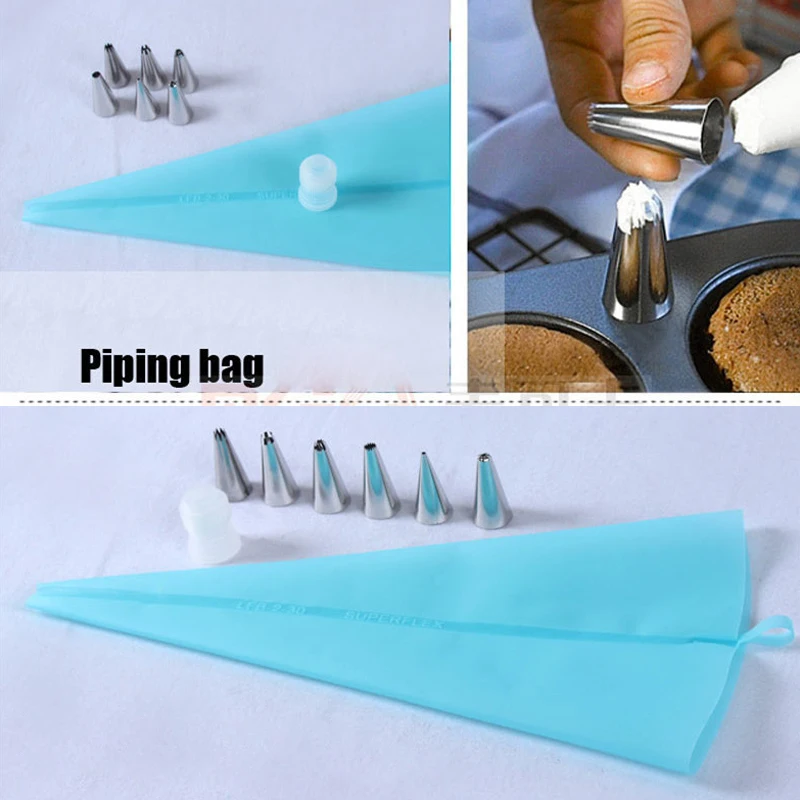 

10pcs Silicone Icing Piping Cream Pastry Bag Dessert Decorators With 6Pcs Stainless Steel Nozzle Set DIY Cake Decorating Tips
