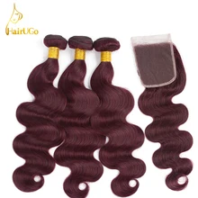 HairUGo font b Hair b font Pre colored 99J Color 3 Bundles With Closure Peruvian Body