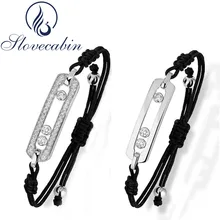 925 пробы серебряный черный браслет-веревочка с прозрачным кристаллом Move Stone для женщин Регулируемый Серебряный винтажный браслет