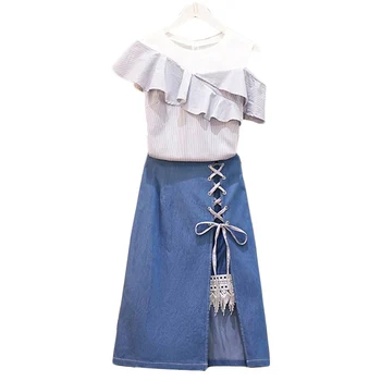 

2019 Plus size Women Suit Summer new Striped Short-sleeved Shirt Denim Skirt Two-piece Sets Women's Casual Skirt Sets 5XL F549