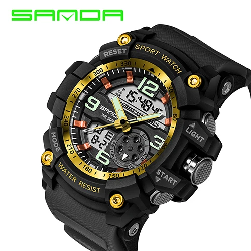 SANDA 759, спортивные мужские часы, Топ бренд, Роскошные военные кварцевые часы, мужские водонепроницаемые S Shock наручные часы, relogio masculino - Цвет: black gold