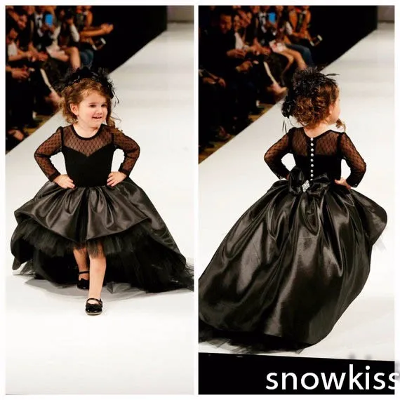 Черное платье на день рождения для маленьких девочек; платье с длинными рукавами для выпускного вечера; Детские платья для выпускного вечера со шлейфом