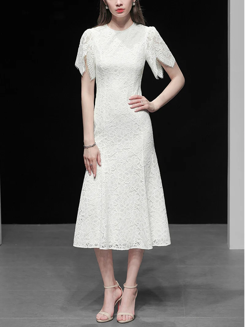 Шикарные Модные женские кружевные платья с круглым вырезом, коротким рукавом-бабочкой, бальное платье, белые платья, длинное облегающее Повседневное платье со средней талией Z1115