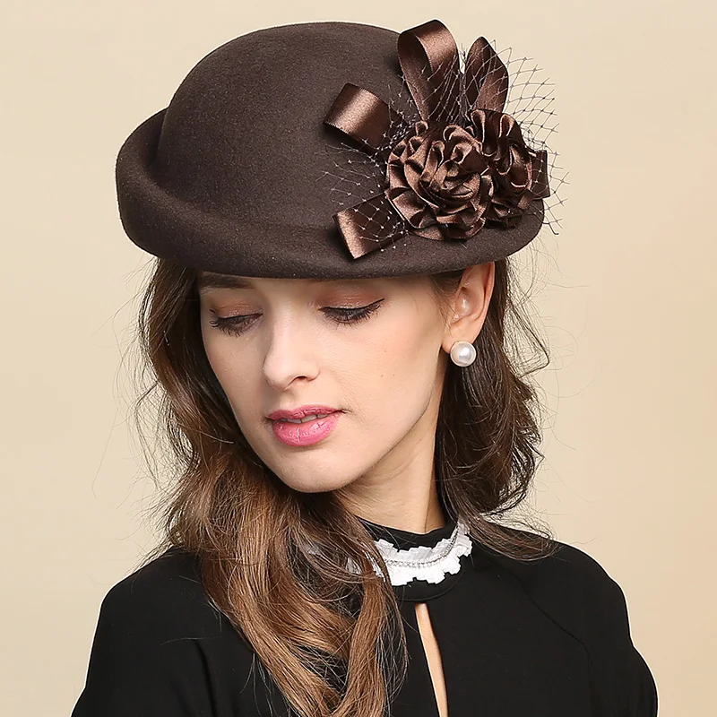Женская шерстяная шляпа Fedoras с цветочным узором для девочек, шерстяная женская шапка для бассейна, милая Повседневная шерстяная шапка в рыбацком стиле, регулируемая B-8728