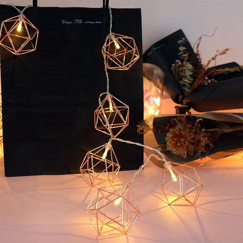 

3M 20 LED Rose Gold Copper Wire LED String Light Iron Geometric Hexagons With 3*AA Battery Adapter For Valentines Party Wedding