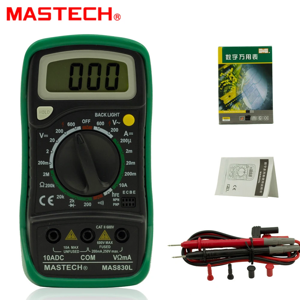 

Mastech MAS830L Mini Handheld LCD Display 2000 counts Multimeter DC Current Tester Backlight Data Hold Continuity Diode hFE Test