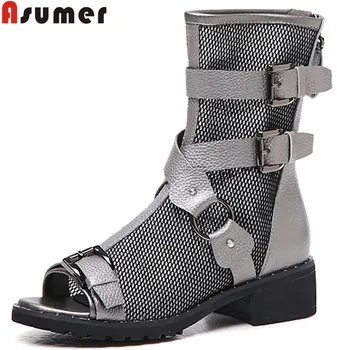

ASUMER 2019 new summer ankle boots for women buckle mesh+cow leather shoes women med heelsshoes fashion summer shoes women boots