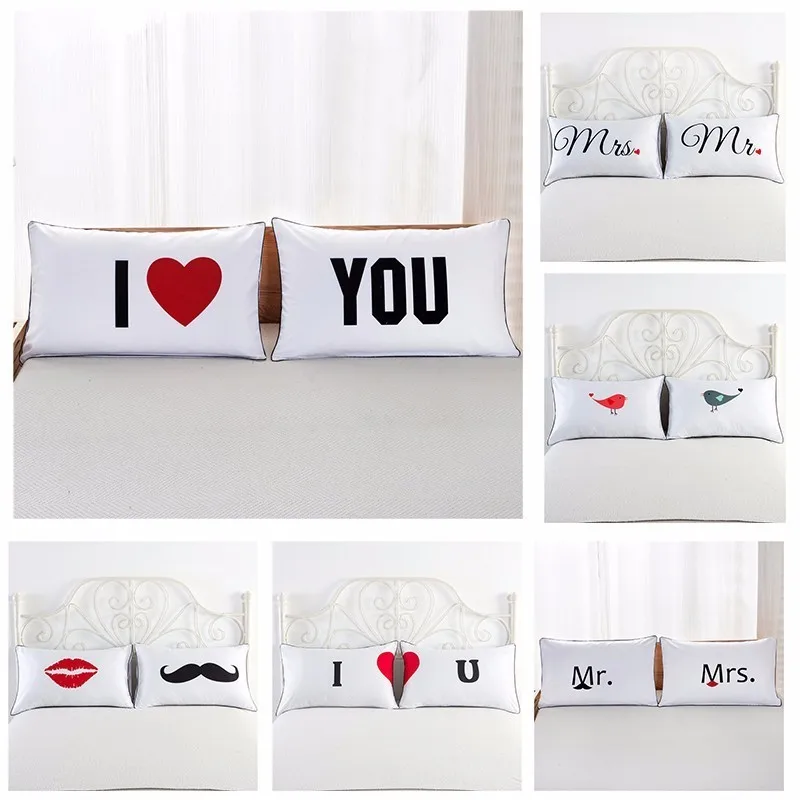 

2pcs Mr And Mrs Pillowcases Bedding Rectangle White Pillowcases For Couples Home Decor Bed Throw Pillow Covers Cotton 74*78cm