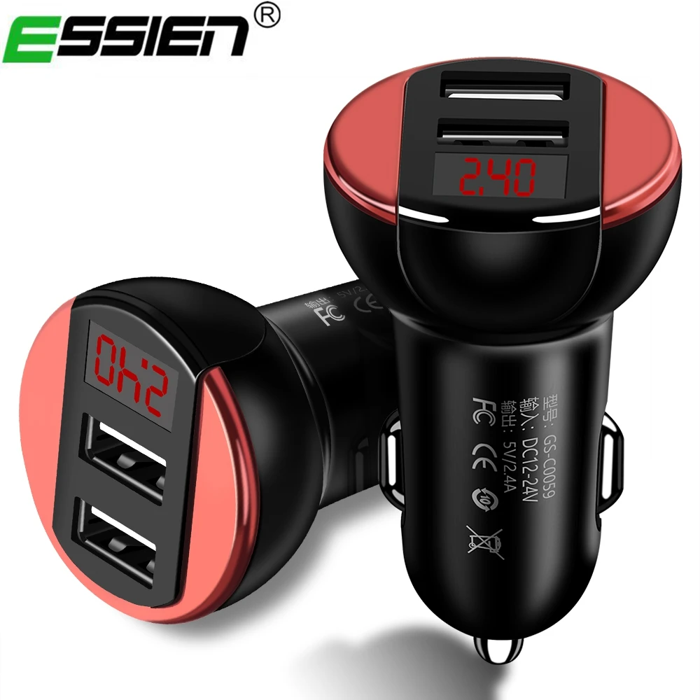 Essien Dual USB Car Charger For Samsung Xiaomi Phone Chargers 5V/2.4A Smart Digital Car-charger For iPhone iPad USB Car Charger