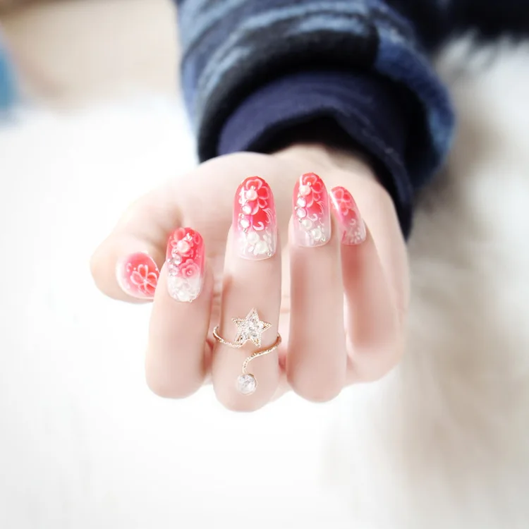 

New 24 pieces (Pre-glue) Beautiful Flower Decoration Manicure 3D Long Fake false Sticker Faux Nails Tips With Glue