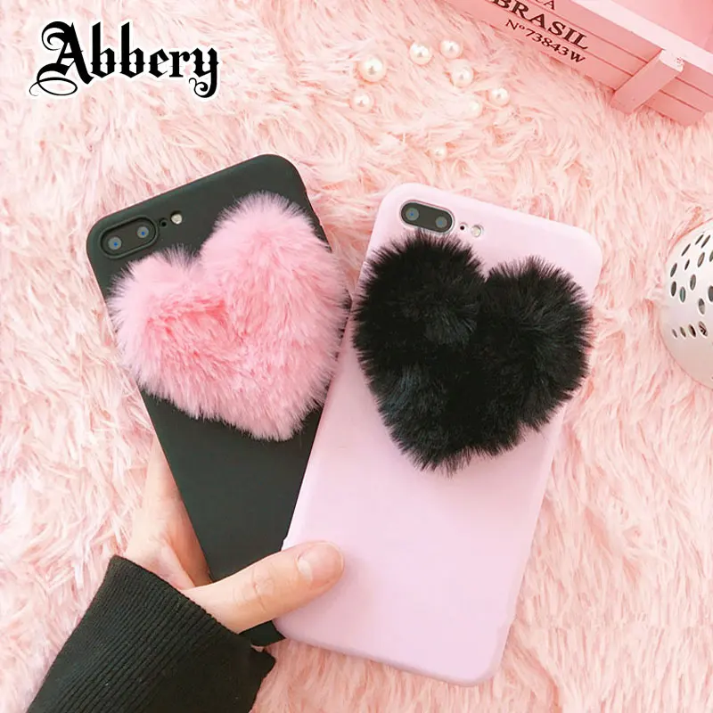 Abbery 3D Cute Candy love Hearts Plush Hairy soft pink cases for Huawei Y3 Y5 2017 phone case huawei Y9 Y6 2018 Case |