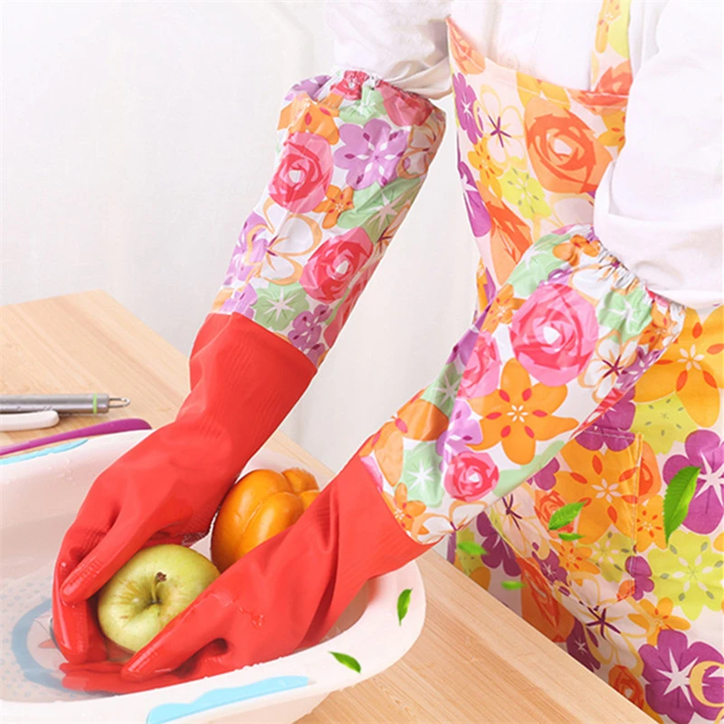 2pcs/set Dishwash Gloves Velvet Thickening And Long Warmth Plus Cotton Rubber Gloves Latex Gloves Kitchen Dishwashing