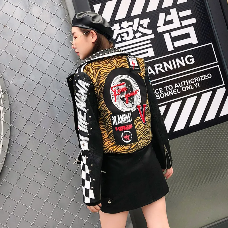 TREND-Setter 2018 Autumn Fashion Tiger Pattern PU Leather Jacket Women New Punk Slim Letter | Женская одежда
