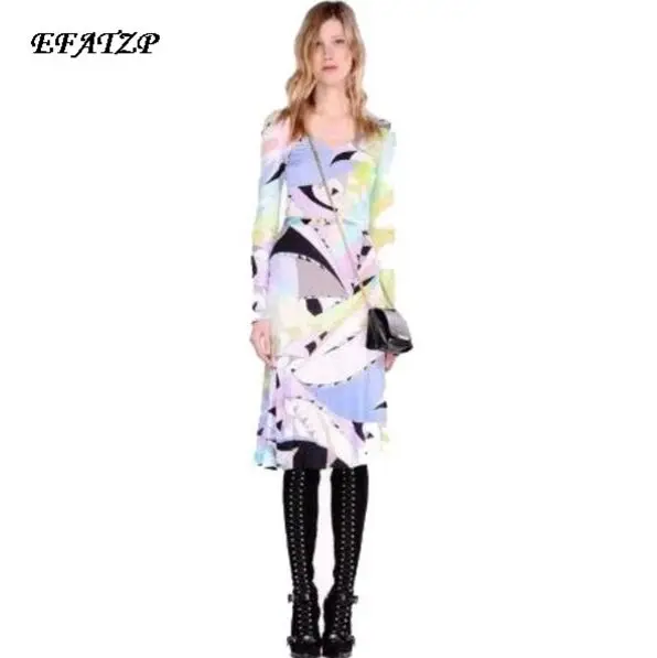 

New 2015 Runway Luxury Brands Women's V-Neck Geometric Print Long Sleeve Stretch Jersey Silk Plus Size XXL Dress