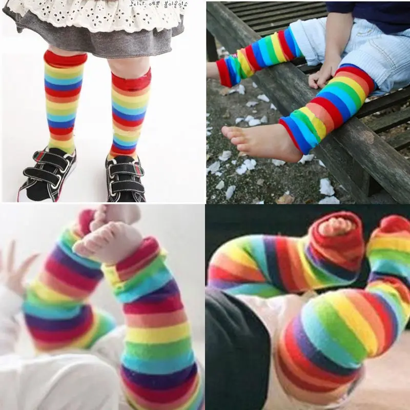 Baby Colorful Rainbow Striped Cotton Leg Warmers Kids Safety Crawling