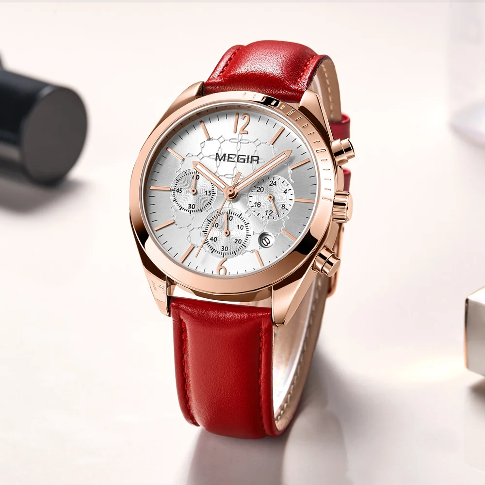 Koop 2018 MEGIR Top Brand Vrouw Horloge Vrouwelijke Quartz Horloges Dame Mode Lederen Band Waterdicht Horloge Relogio Feminino 2115