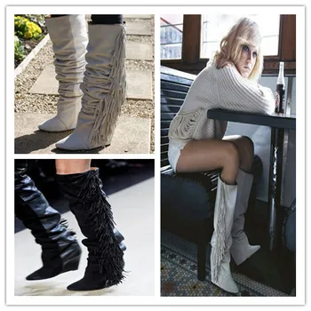 

2017 Women Top vogue Suede Leather Boots Wedge Winter Shoes High Heeled Women Boots Fringe Tassel Knee High Long Boots free ship