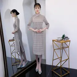 2019 весеннее платье Чонсам длиной до колена, модное платье в китайском стиле, женские замшевые платья Qipao, тонкие вечерние платья, женские
