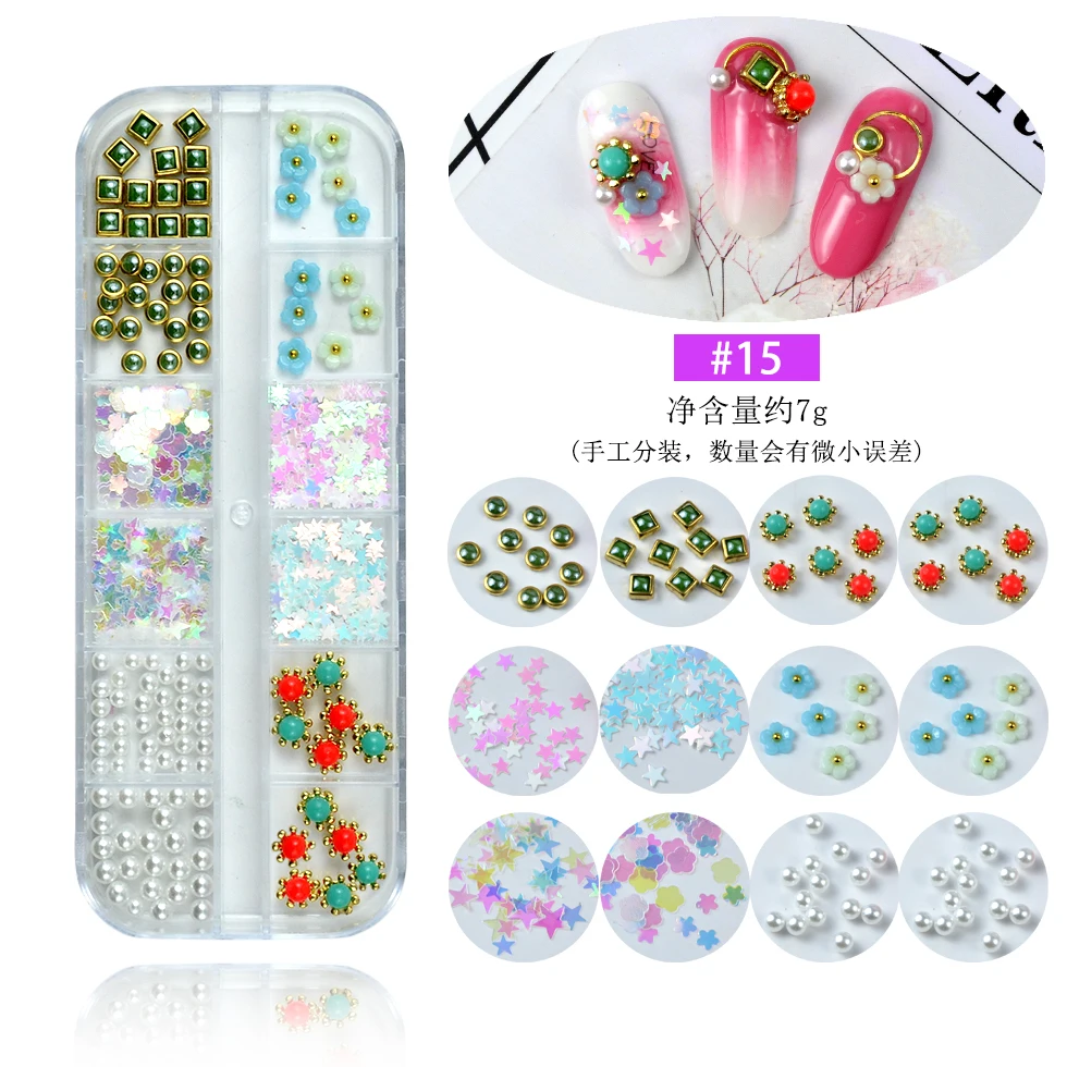 12 Grids Multi Style Glass Nail Rhinestones Mixed Colors AB Crystal Caviar 3D Charm Pearl DIY Alloy Manicure Nail Art Decoration