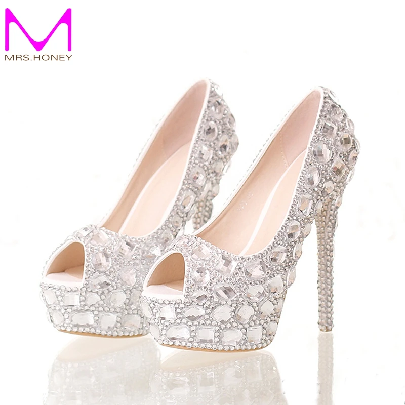 Handmade Silver Diamond Wedding font b Shoes b font Peep Toe Platforms Rhinestone Prom font b
