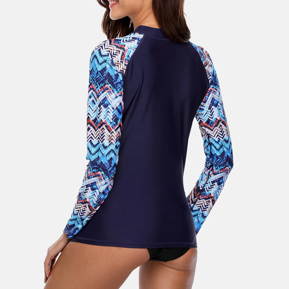 Anfilia Women Long Sleeve Rashguard Shirts Swimwear Geometric Print Surfing Top Diving Shirts Rash Guard UPF50+ Beachwear