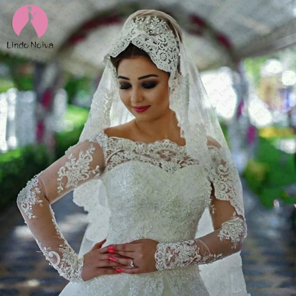 Vestido De Noiva Princesa Branco 2019 Свадебные платья Иллюзия молнии сзади Кружевная аппликация с жемчугом Boat Neck свадебные платья