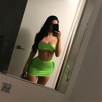 

Women Outfit 2019 Summer Sexy Clubwear Strapless Crop Top Ruffle Mini Bodycon Skirt Set Solid Two Piece Set