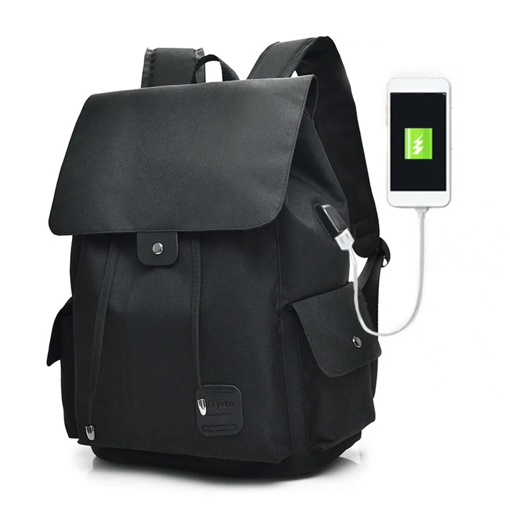 

Men Travel Bags USB External Charging Luggage School Bag Canvas Backpack Mochila Escolar Solid Black Multifunction #445