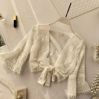 

NiceMix 2019 Summer Thin Knitted Cardigan Women Long Sleeve Sunscreen Coat Ladies 2019 women's blouse shirt Sexy openwork lace